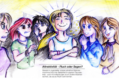 "Attraktivität – Fluch oder Segen? Gerade im Jugendalter müssen attraktive Mädchen – manchmal trotz ihrer Beliebtheit im eigenen Freundeskreis – auch mit Anfeindungen anderer Mädchen rechnen, die sie als Rivalin wahrnehmen. Gutes Aussehen kann also – je nach Situation und der Konstellation der Personen – sowohl mit Vorteilen als auch mit Nachteilen verbunden sein." (Quelle: Eigentum der Autoren) "Attraktivität – Fluch oder Segen? Gerade im Jugendalter müssen attraktive Mädchen – manchmal trotz ihrer Beliebtheit im eigenen Freundeskreis – auch mit Anfeindungen anderer Mädchen rechnen, die sie als Rivalin wahrnehmen. Gutes Aussehen kann also – je nach Situation und der Konstellation der Personen – sowohl mit Vorteilen als auch mit Nachteilen verbunden sein." (Quelle: Eigentum der Autoren)